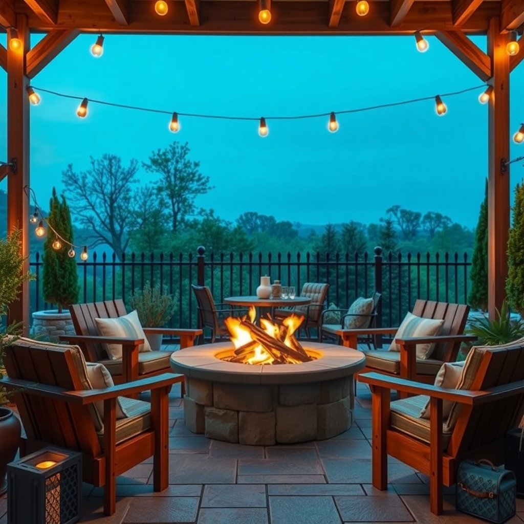 Cozy fire pit setup with chairs and string lights, perfect for a romantic evening.