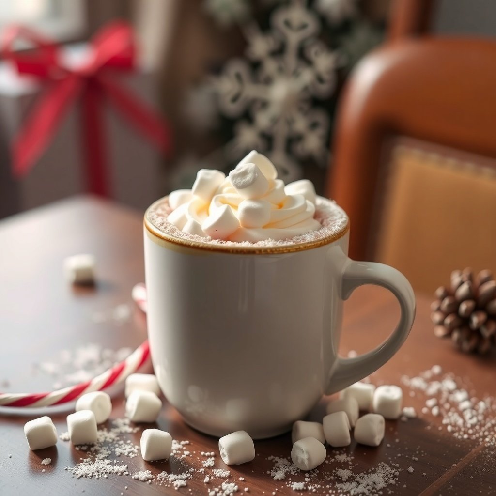 A cozy cup of hot cocoa topped with marshmallows, surrounded by festive decorations.