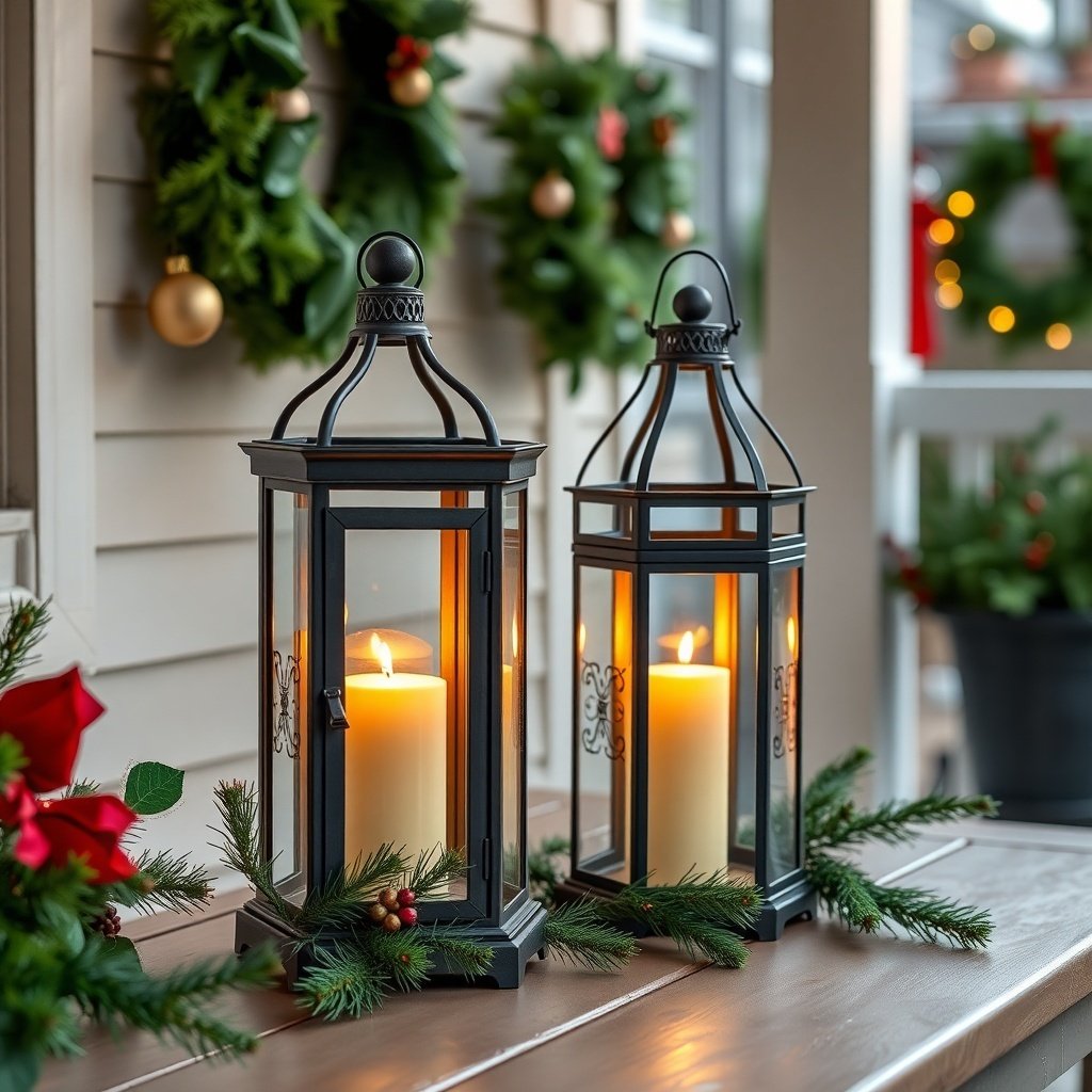 Two elegant lanterns with candles on a wooden table, surrounded by greenery and red accents, creating a festive Christmas porch decor.