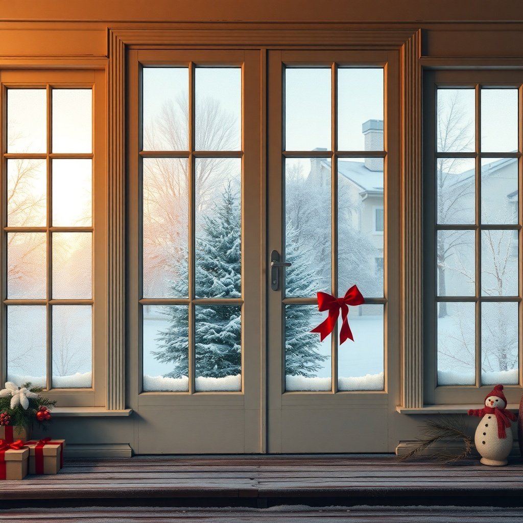 Frosted windowpanes with a view of a snowy landscape, decorated for Christmas