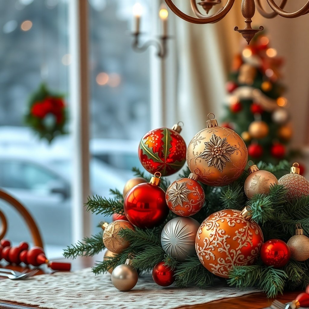 A festive Christmas table centerpiece featuring colorful baubles and greenery.