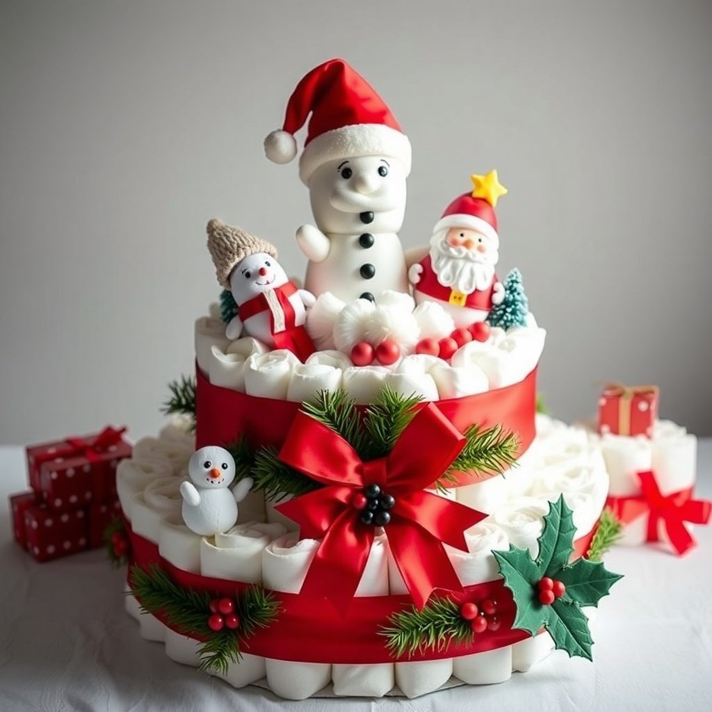 A Christmas diaper cake decorated with a snowman, Santa, and festive elements.