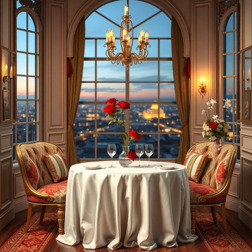 A romantic sweetheart table setup with a white tablecloth, red roses, and elegant chairs, overlooking a city view.