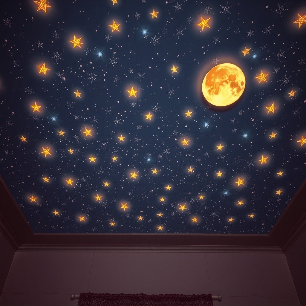 A ceiling decorated with glowing stars and a moon, resembling a starry night sky.