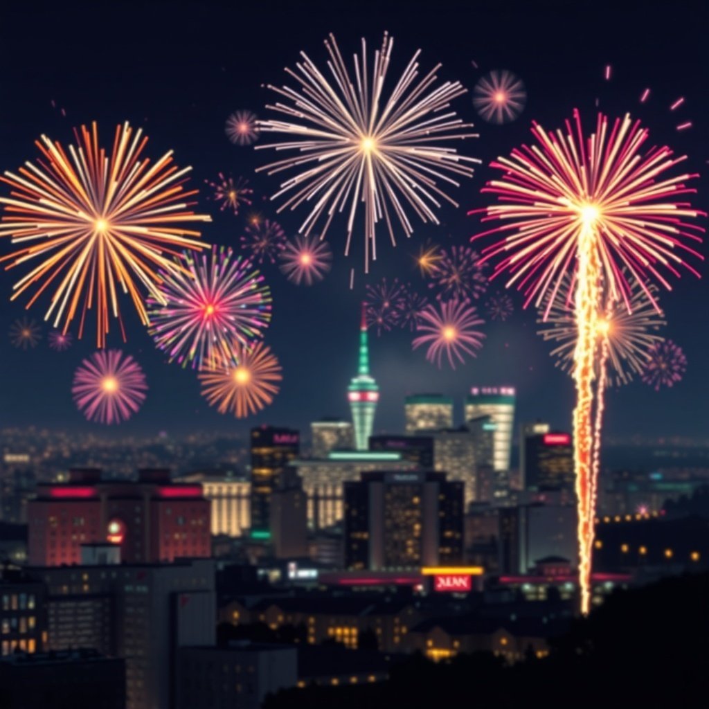 Fireworks display over a city skyline at night