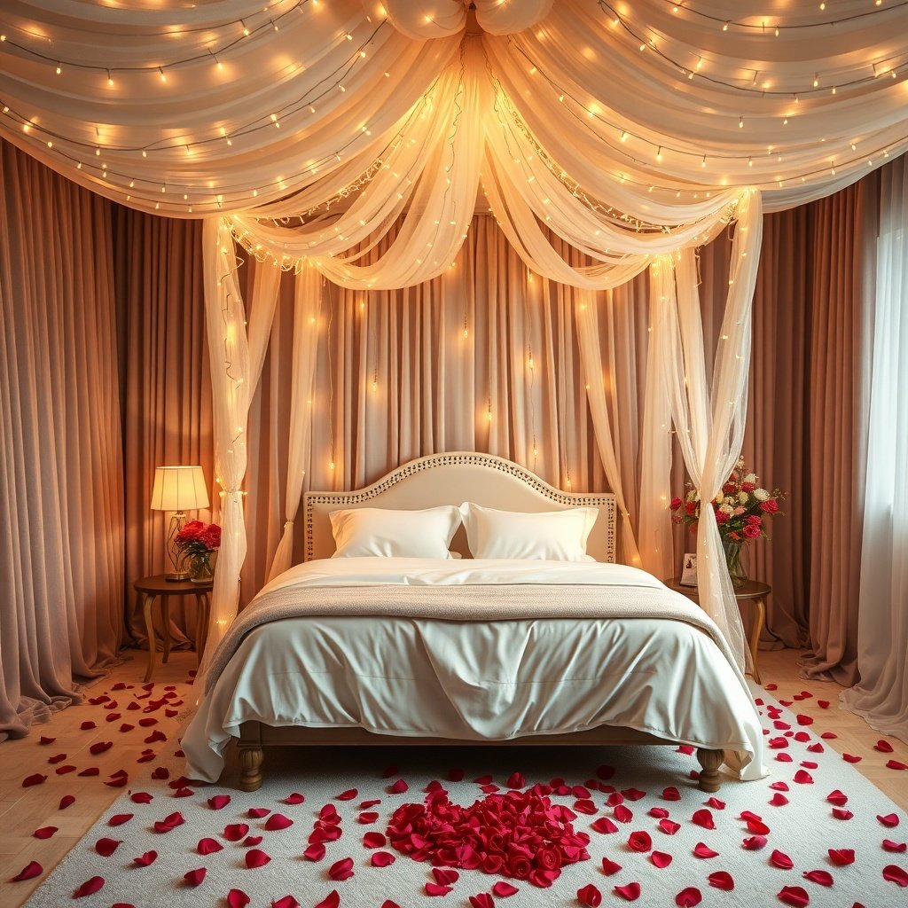 A romantic wedding night room with a fairy light canopy, rose petals on the floor, and soft lighting.