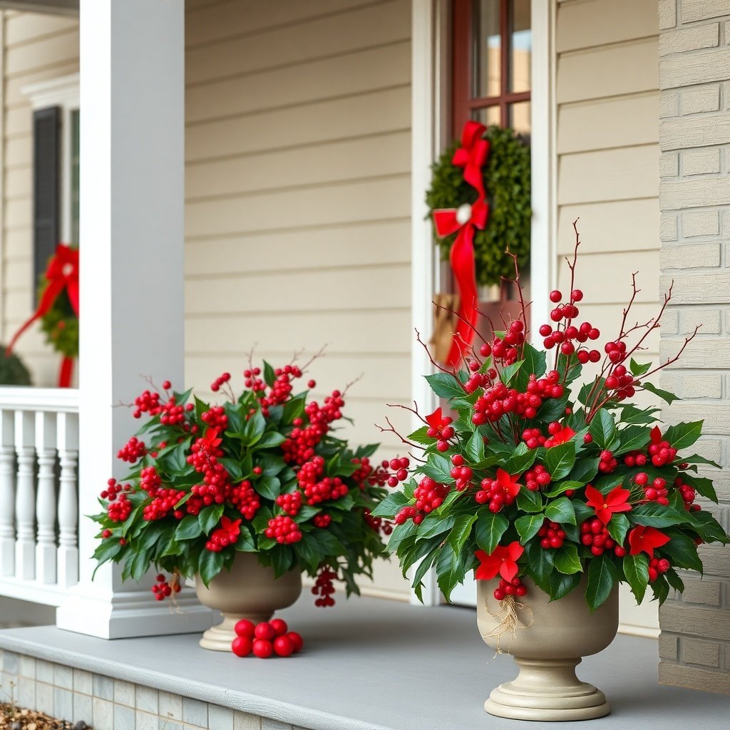 Christmas porch decor featuring planters with holly and berry accents