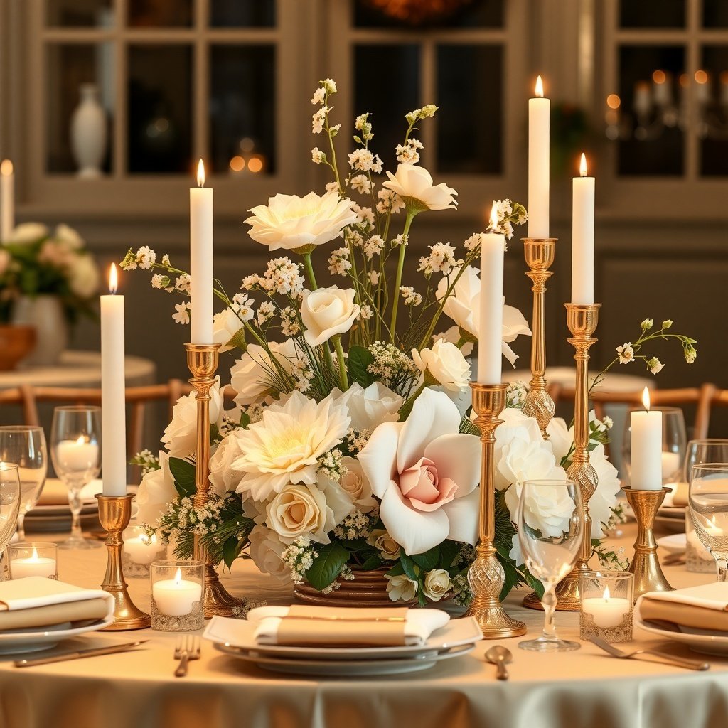 A beautifully arranged Christmas table centerpiece featuring gold and white flowers, candles, and elegant table settings.