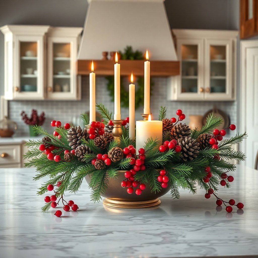 A festive centerpiece featuring candles, pinecones, and red berries on a kitchen table.