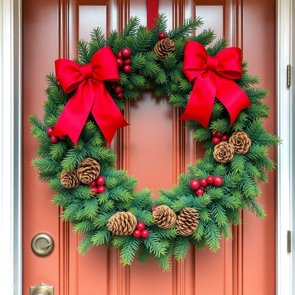 A festive Christmas wreath with red bows, pine cones, and berries on a door.
