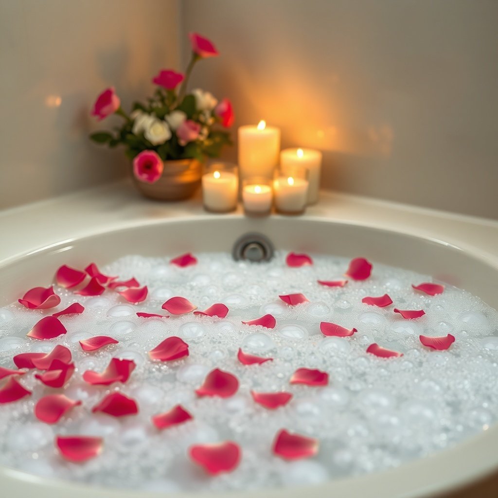 A romantic bath setup with bubbles, rose petals, and candles. Wedding Night Room Decoration