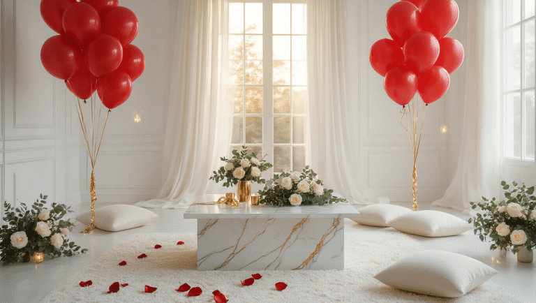 Cinematic wide-angle shot of an elegant interior with vibrant crimson red balloons against a white backdrop, featuring a luxurious marble coffee table, white silk drapes, ivory roses, and ambient fairy lights, evoking celebration and romance.