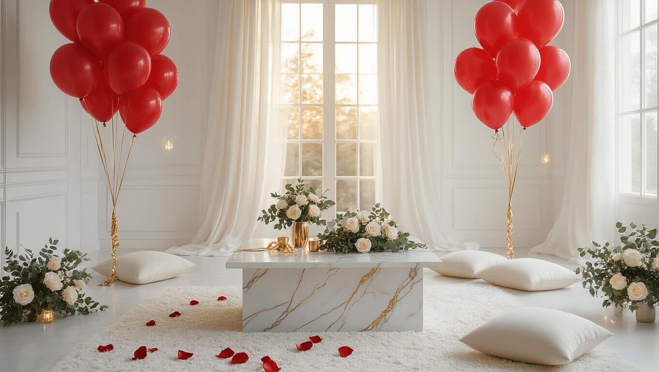 Cinematic wide-angle shot of an elegant interior with vibrant crimson red balloons against a white backdrop, featuring a luxurious marble coffee table, white silk drapes, ivory roses, and ambient fairy lights, evoking celebration and romance.