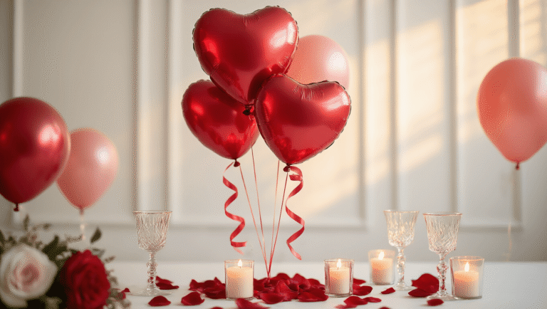 Cinematic close-up of glossy red heart-shaped balloons with silk ribbon tails against a clean white background, adorned with rose petals and flickering candles, featuring a dreamy bokeh effect and rich crimson and blush pink hues, evoking a romantic atmosphere.