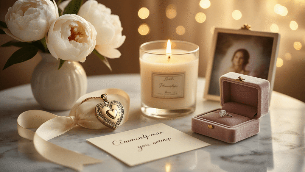 Cinematic close-up of an elegant marble surface adorned with a delicate engraved locket, flickering candle, cream silk ribbon, handwritten love note, fresh peonies in a ceramic vase, and a velvet jewelry box, all captured in warm golden hour lighting with a romantic, intimate atmosphere.