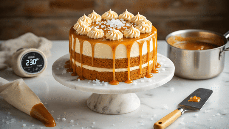 Cinematic overhead view of a three-layer salted caramel drip cake on a white marble pedestal, topped with golden caramel drizzle and Maldon sea salt, accompanied by a piping bag and spatula, warm lighting and creamy textures enhance the inviting bakery atmosphere.