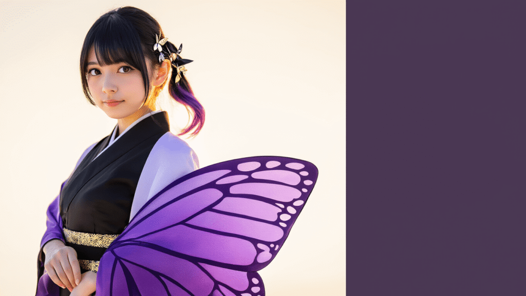 A young woman in Shinobu cosplay poses in a flowing purple-to-white gradient haori adorned with butterfly patterns, styled with a black-to-purple ombre ponytail and metallic butterfly hair clips, illuminated by warm golden hour light against a minimalist white background.
