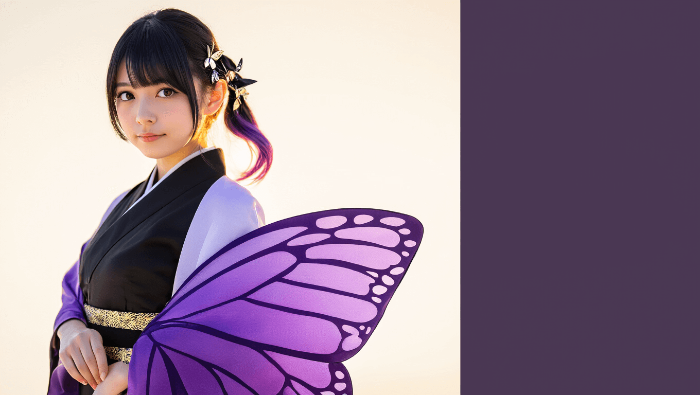A young woman in Shinobu cosplay poses in a flowing purple-to-white gradient haori adorned with butterfly patterns, styled with a black-to-purple ombre ponytail and metallic butterfly hair clips, illuminated by warm golden hour light against a minimalist white background.