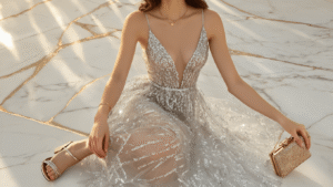 Elegant sheer overlay dress with silver sequins, paired with nude strappy heels and minimalist gold jewelry, displayed on a white marble surface with warm lighting, highlighting the dress's shimmer and movement.