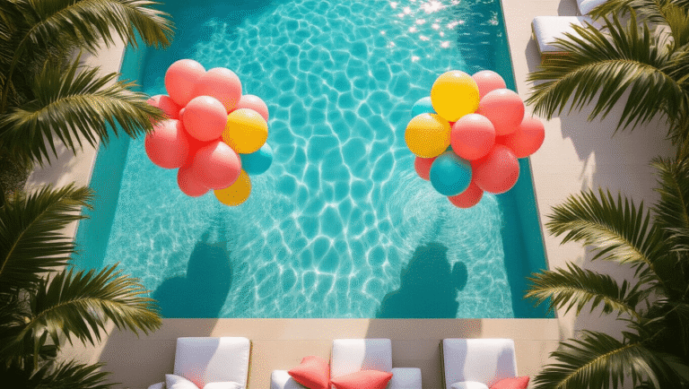 Aerial view of a turquoise pool with colorful balloon clusters, luxurious lounge furniture, and tropical plants, illuminated by golden hour sunlight.