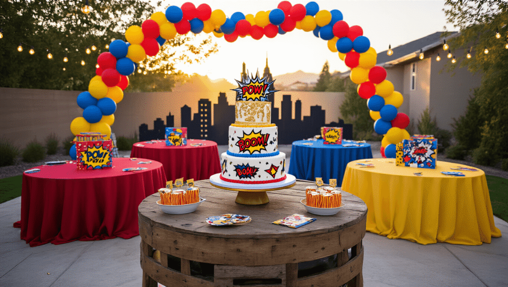 A vibrant superhero-themed birthday party setup in a modern backyard featuring colorful tables, comic book centerpieces, a three-tier superhero cake, balloon garlands, string lights, and children's costumes, all illuminated by warm golden sunlight.