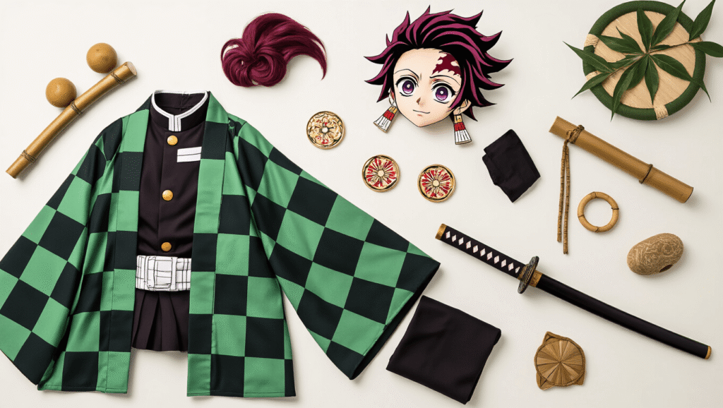 Flat lay of Tanjiro's green and black checkered haori jacket, hanafuda earrings, bamboo muzzle, foam katana, black uniform pieces, and burgundy wig on a clean white background, illuminated by soft natural light, showcasing vibrant colors and textures.