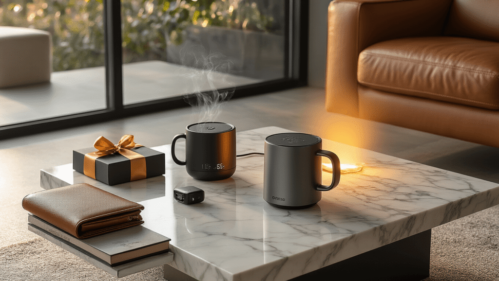 Cinematic wide-angle shot of a modern living room showcasing tech gifts on a marble coffee table, including a self-heating smart mug, mini projector, and wireless gadgets, all illuminated by soft morning light; minimalist decor with leather furniture, metallic gift boxes, and cozy accents.