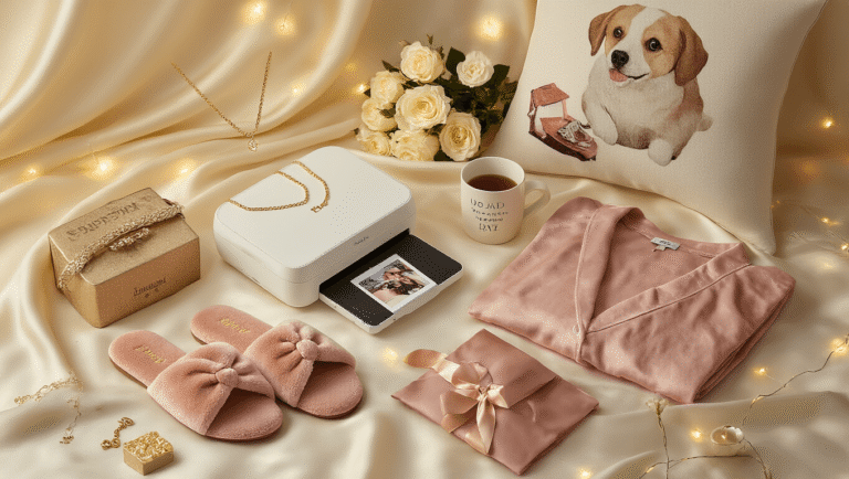 Ultimate Birthday Gift Guide for Your Best Friend: Thoughtful, Fun, and Memorable Presents Cinematic overhead flatlay of curated birthday gifts including gold initial necklaces, Kodak portable printer, plush blush slippers, custom pet portrait pillow, monogrammed pajamas, chic belt bags, humorous mugs, statement jewelry, and fresh white roses, all beautifully arranged on a cream silk backdrop with a warm amber and rose gold color palette.