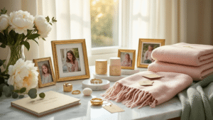 Cinematic flat lay of an elegant boutique interior featuring a curated collection of personalized mom gifts including custom photo frames, engraved gold jewelry, and monogrammed silk blankets, arranged on white marble surfaces with soft morning light and fresh floral accents.