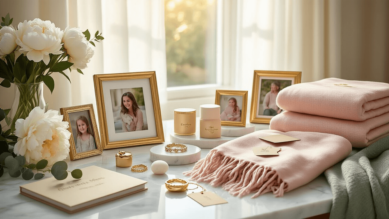 Cinematic flat lay of an elegant boutique interior featuring a curated collection of personalized mom gifts including custom photo frames, engraved gold jewelry, and monogrammed silk blankets, arranged on white marble surfaces with soft morning light and fresh floral accents.