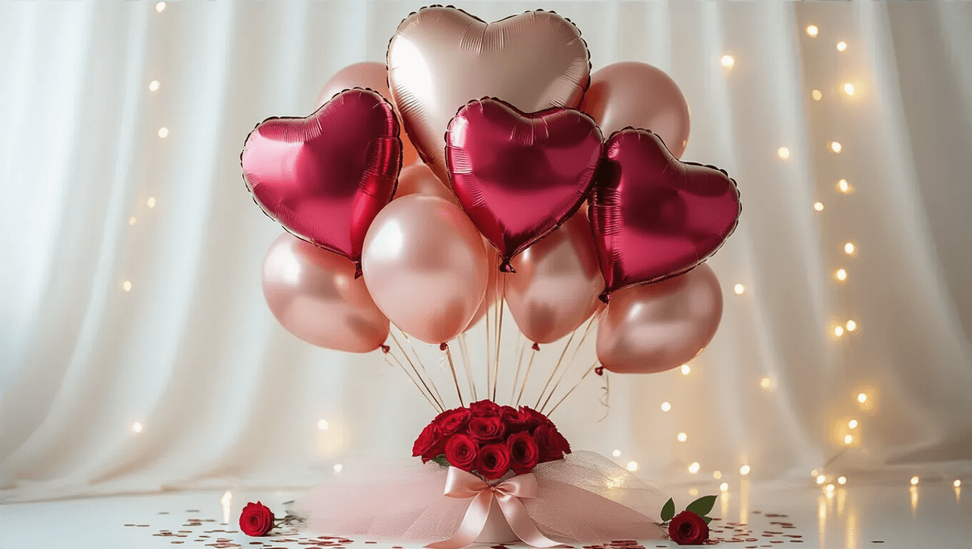 Cinematic close-up of an elegant Valentine's balloon bouquet with heart-shaped balloons in red, pink, and rose gold, surrounded by fresh roses and fairy lights on a white backdrop.