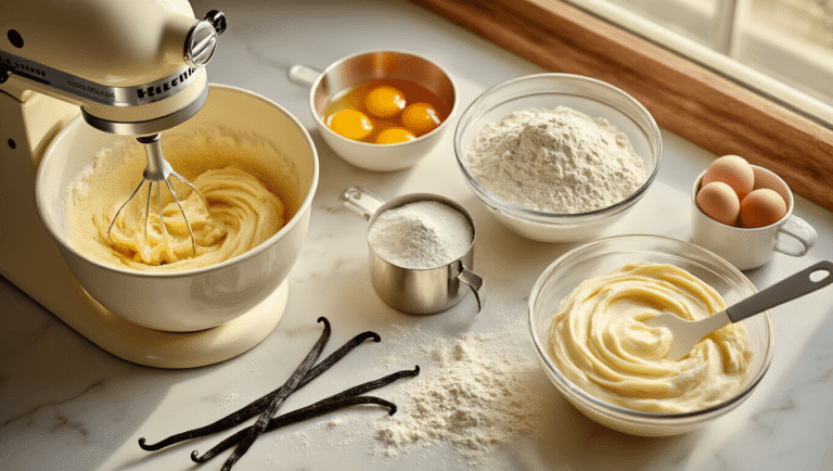 Cinematic overhead shot of luxurious vanilla bean cake preparation, featuring golden creamed butter and sugar in a stand mixer, split vanilla beans with black specks, measuring cups of flour, fresh eggs, silky buttercream with vanilla flecks, and an offset spatula, all set against a warm, softly lit kitchen backdrop.
