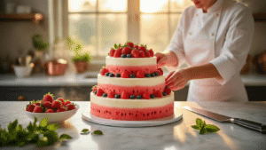 Cinematic close-up of a three-tier watermelon wedding cake being assembled on a marble counter, adorned with strawberries, blueberries, and mint leaves, featuring pink buttercream frosting with chocolate chip seeds, captured in warm golden hour lighting.