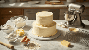 2 Tier Wedding Cake: The Ultimate DIY Wedding Dessert Guide Cinematic overhead view of an elegant two-tier wedding cake assembly station with ingredients like flour, sugar, eggs, and butter on a marble countertop, featuring kitchen tools, glass bowls, and a silver stand mixer in warm lighting.