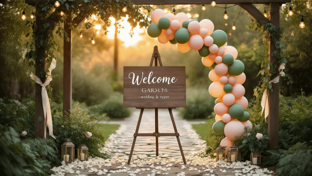 Elegant outdoor wedding entrance with a rustic wooden welcome sign on a brass easel, decorated with a blush pink, cream, and sage green balloon garland, soft golden hour light, and a stone pathway lined with ivory rose petals.