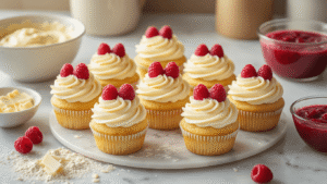 Aerial view of white chocolate raspberry cupcakes with swirled buttercream, garnished with raspberries and white chocolate shavings, on a marble countertop, surrounded by vintage mixing bowls and raspberry compote.