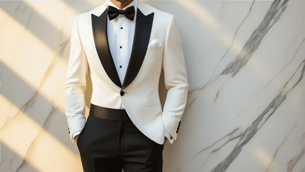 A stylish flat lay of a white dinner jacket with peak lapels, black tuxedo trousers with satin stripes, and accessories including a black bow tie, white pocket square, and silver cufflinks, set on a marble surface with warm lighting.