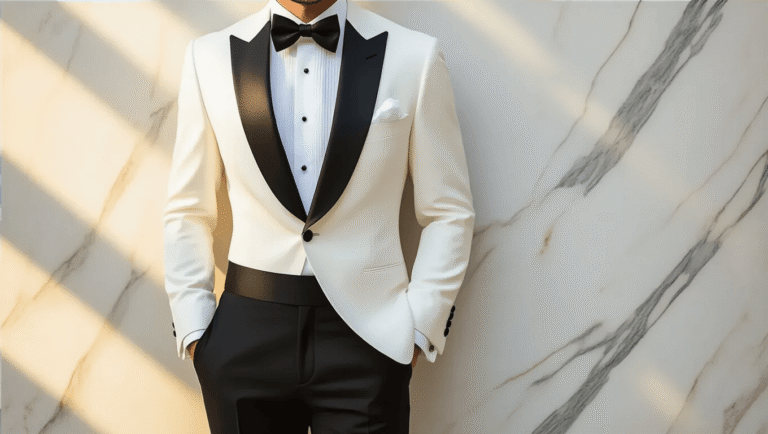 A stylish flat lay of a white dinner jacket with peak lapels, black tuxedo trousers with satin stripes, and accessories including a black bow tie, white pocket square, and silver cufflinks, set on a marble surface with warm lighting.