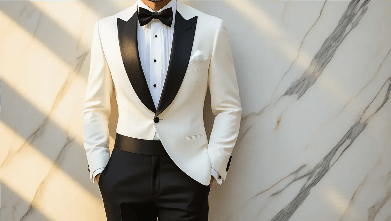 A stylish flat lay of a white dinner jacket with peak lapels, black tuxedo trousers with satin stripes, and accessories including a black bow tie, white pocket square, and silver cufflinks, set on a marble surface with warm lighting.