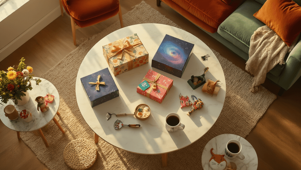 Cinematic overhead view of a cozy living room during a white elephant gift exchange, showcasing a round wooden coffee table with quirky wrapped presents, including trash can desk organizers and pizza cutter saws, surrounded by warm golden hour light, terracotta velvet cushions, and decorative mugs and figurines.