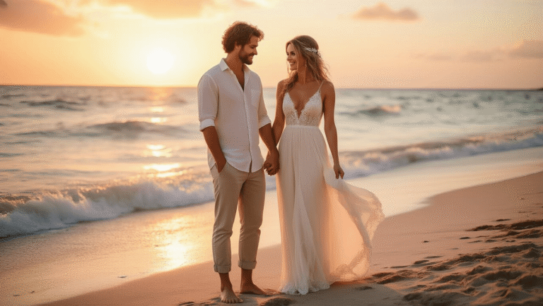 Couple holding hands on a beach during sunset, bride in ivory bohemian dress, groom in white linen shirt, warm pastel colors and vintage film aesthetic.