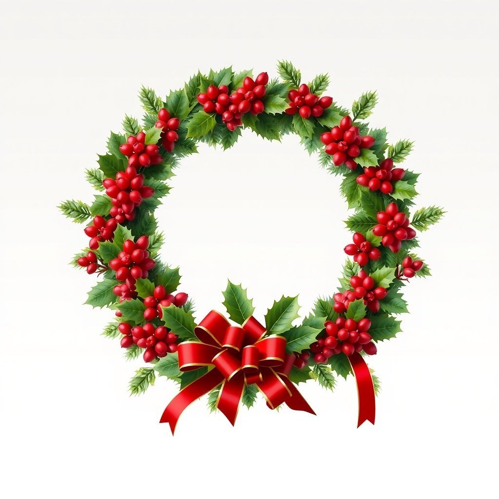 A classic Christmas wreath with red berries, green leaves, and a red bow.