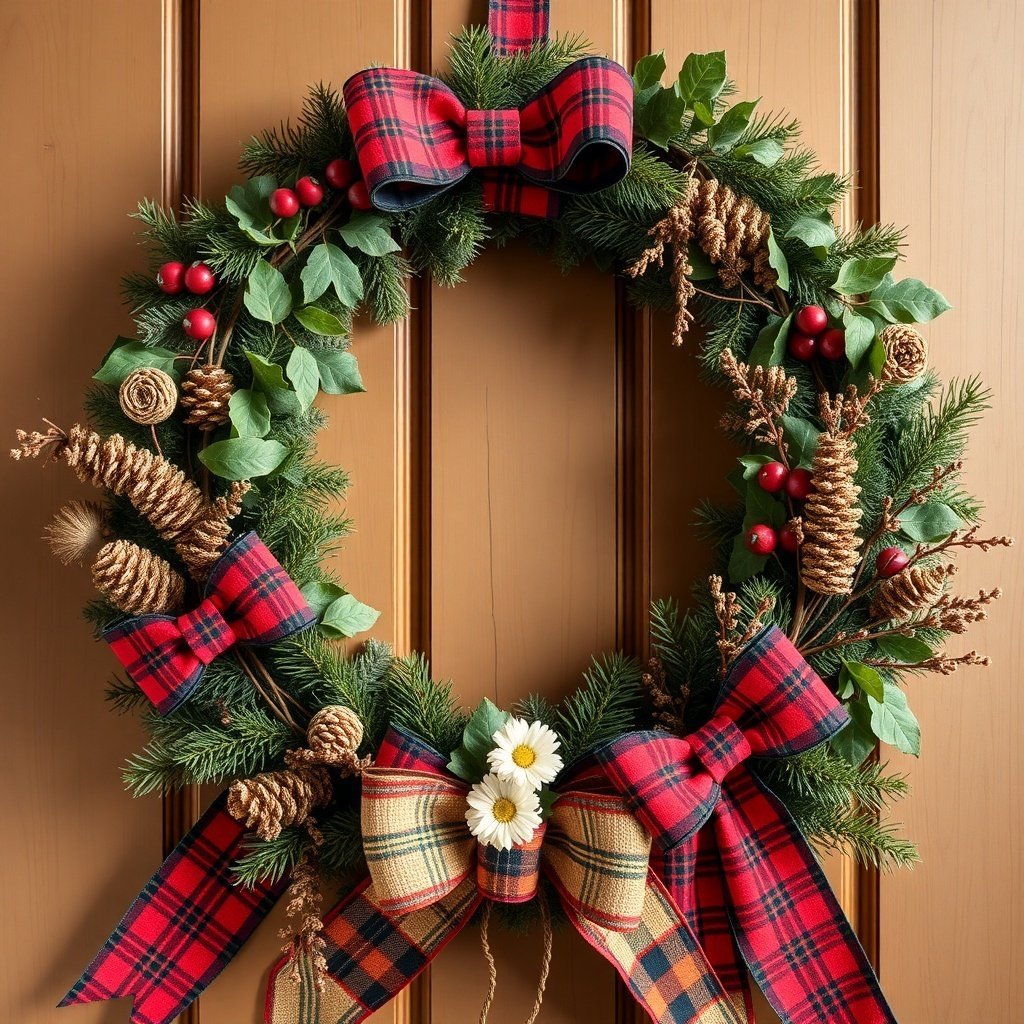 A Christmas wreath featuring plaid and tartan bows, pinecones, and greenery.