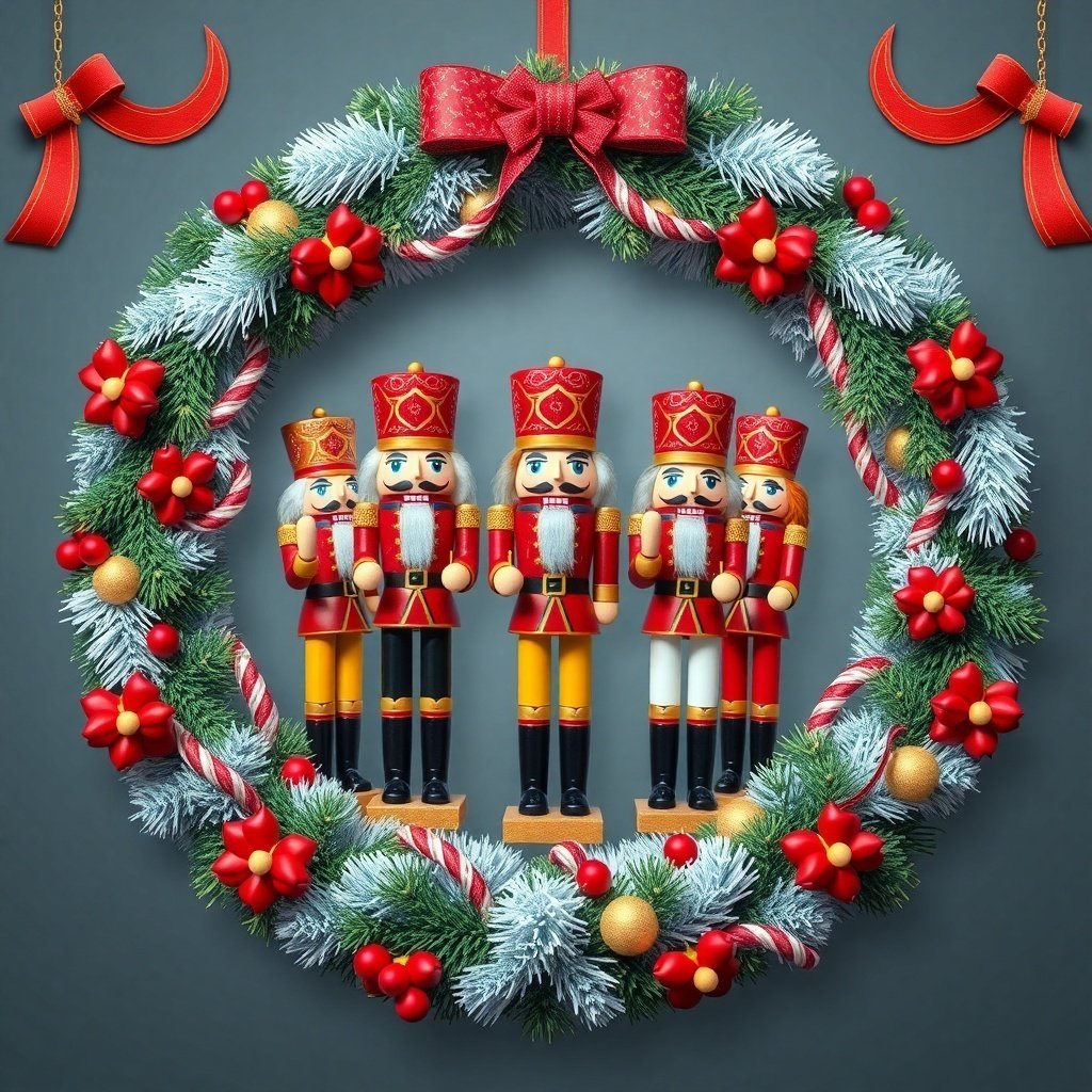 A Christmas wreath featuring nutcracker figures, red flowers, and festive decorations.