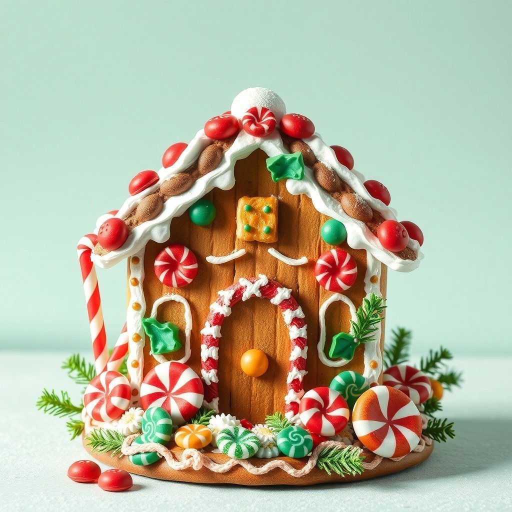 A colorful gingerbread house decorated with candy and greenery.