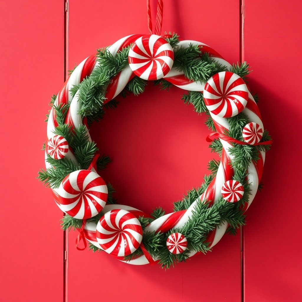 A candy cane themed wreath with red and white swirls and peppermint candies, set against a red background.