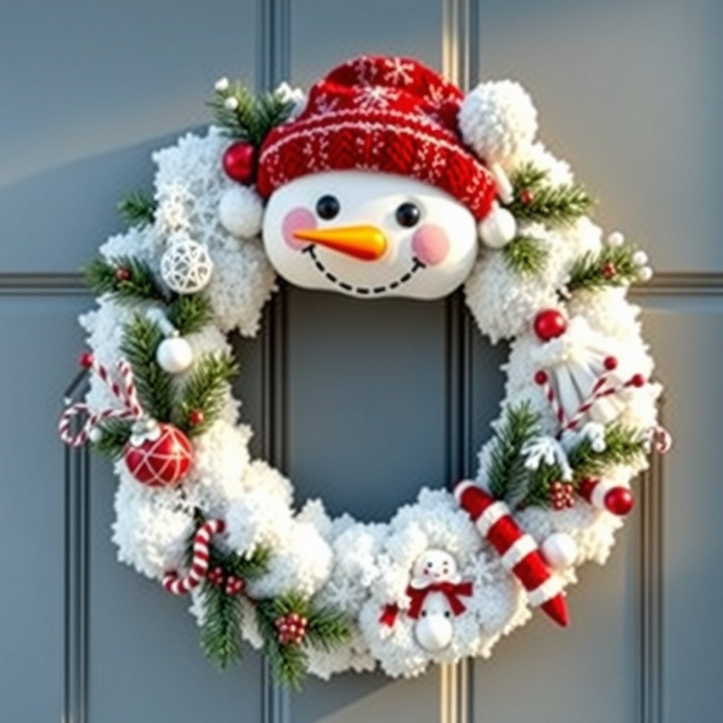 A snowman-themed Christmas wreath with a smiling snowman face, red hat, and festive decorations.