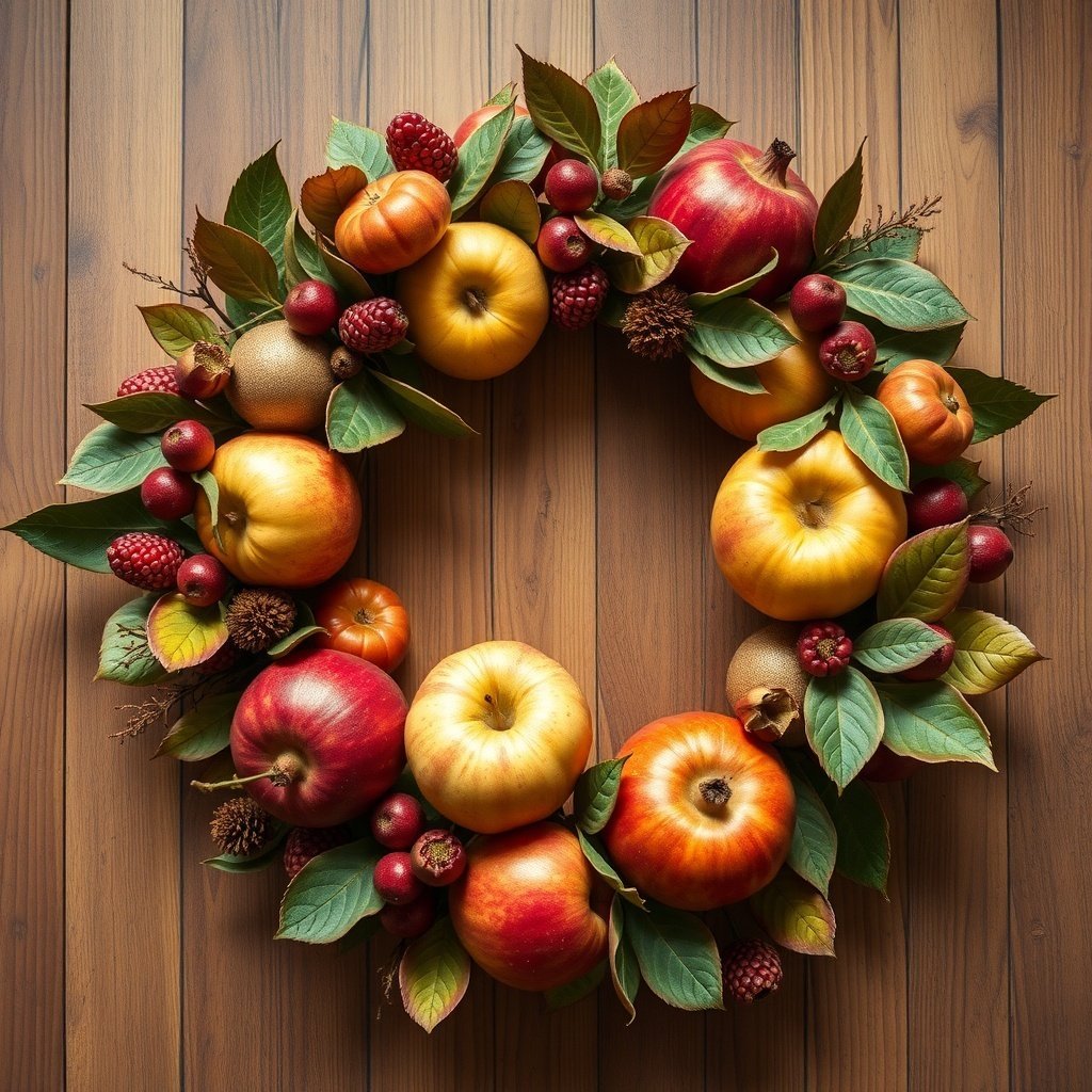 A Christmas wreath made with various seasonal fruits including apples, pumpkins, and berries, surrounded by green leaves.