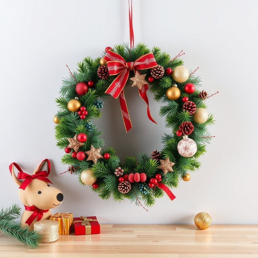 A festive Christmas wreath with ornaments and a red bow, alongside a plush dog and gift boxes.