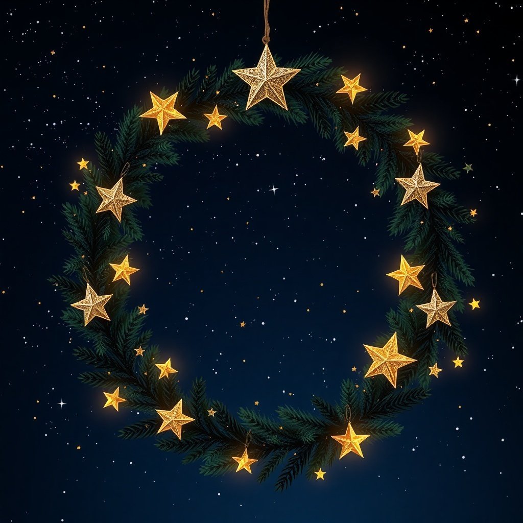 A Christmas wreath featuring green foliage and golden stars against a starry night background.